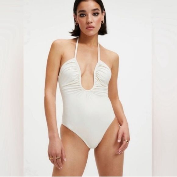 Good American Leilani Plunge One Piece Swimsuit in Ivory NWT